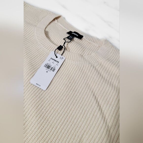 Express Ivory Relaxed Crew Neck Sweater Faux Leather Patch Sleeve Size XL - Picture 6 of 7